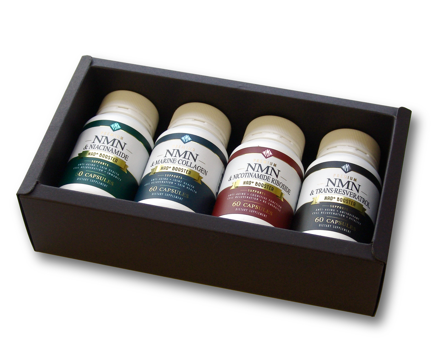 Four bottles of NMN supplements in a wooden box on a white background