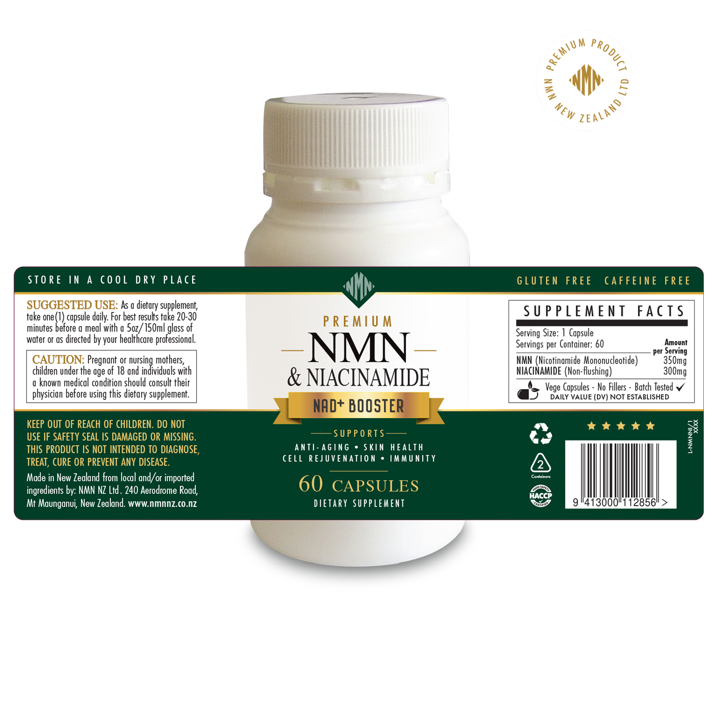 NATURE'S SKIN REVITALISER...Premium NMN (350mg - NAD+ Booster) & Niacinamide (300mg - Non Flushing) 60 Vegan Capsules-Clean-High Absorb-No Fillers.