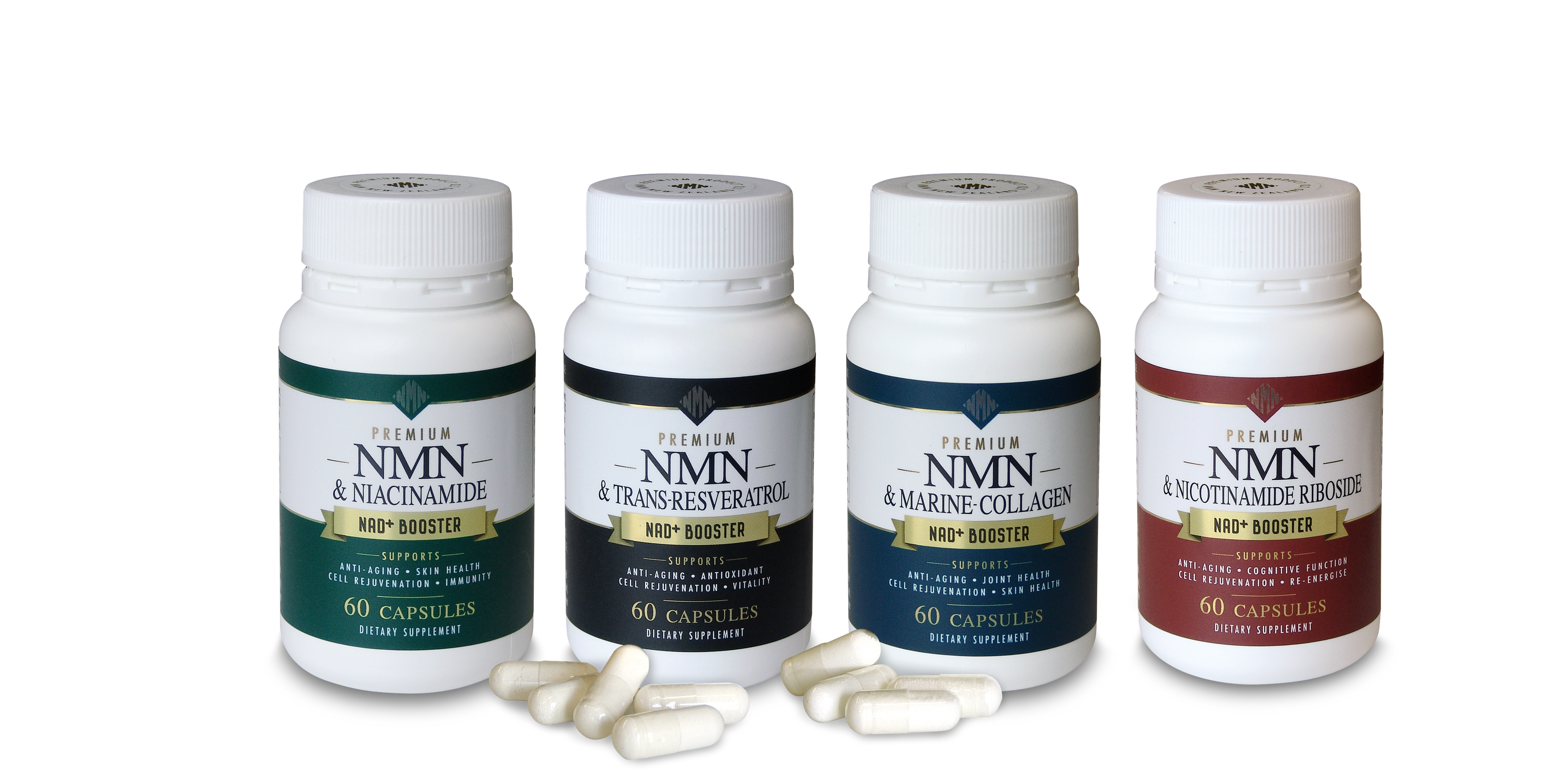 Four bottles of NMN and nicotinamide riboside supplements on a white background