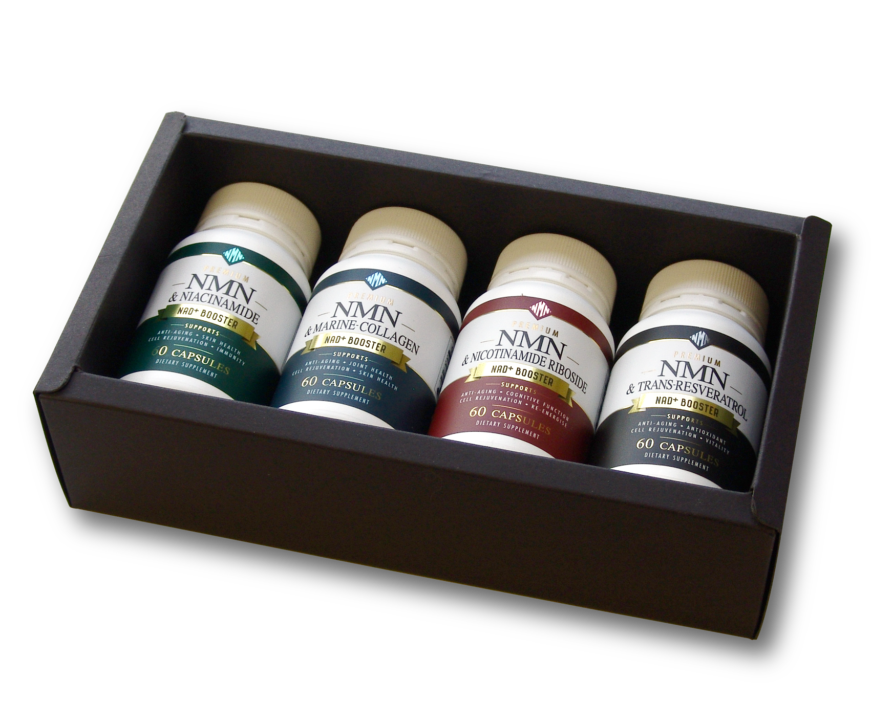 Four bottles of NMN supplements in a wooden box on a white background