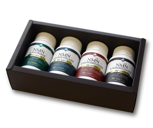 Four bottles of NMN supplements in a wooden box on a white background