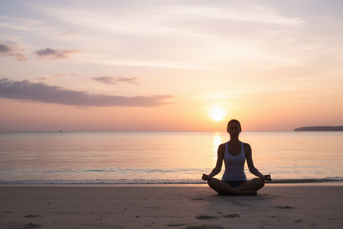 Woman in lotus position at sunset beach